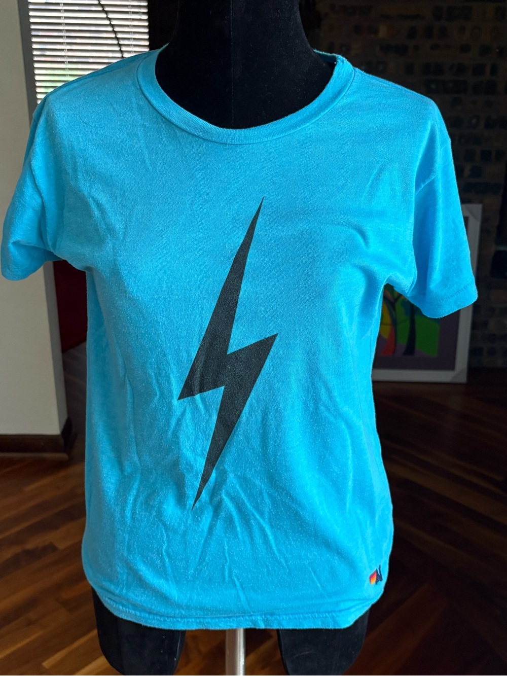 Aviator Nation Blue Tee with Black Lightning Graphic, USED